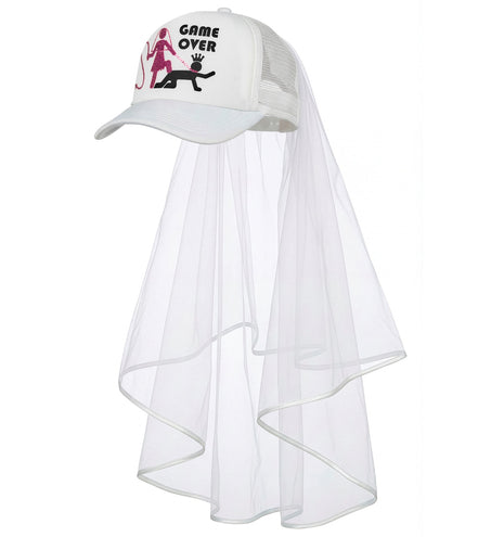 Pet met sluier game over voor heren, witte pet met roze glitterprint en lange tulen sluier