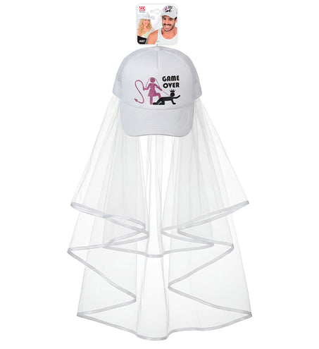 Pet met sluier game over wit met verpakking en volledig uitgehangen tulen sluier