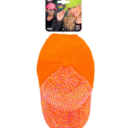 Pet strass neon oranje in verpakking met kaart die het oplichten onder uv-licht vermeldt