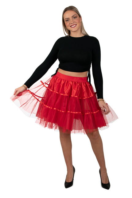Petticoat rood dames, tweelaagse rode tulerok van 45 cm met satijnen sierbanden en elastieken tailleband