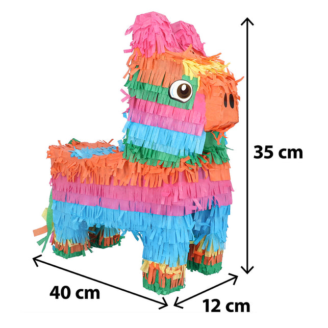 Piñata lama Amigo zijaanzicht met maatpijlen voor hoogte, lengte en breedte