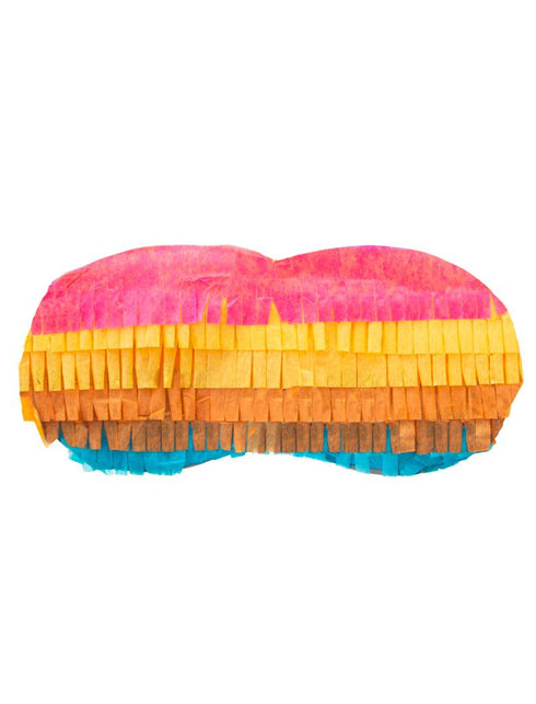 Pinata masker gestreept met roze, gele, oranje en blauwe papieren franjes, oogmasker van 17 x 7 cm