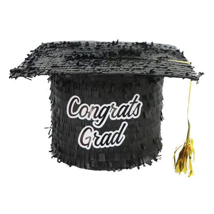 Pinata professor hoed in zwart papier met witte Congrats Grad-opdruk en gouden kwast voor een diploma-uitreiking