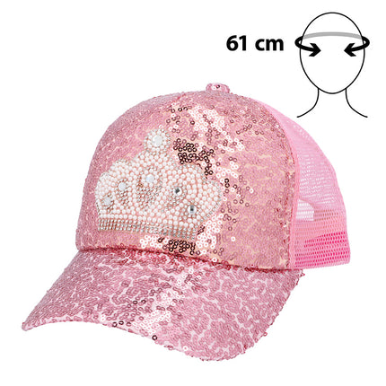 Pink diva pet van opzij met roze gaasrug, pailletten klep en kroon van pareltjes en strass