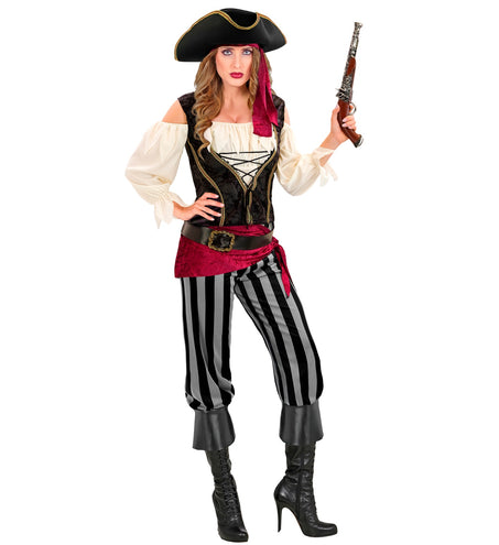 Piraat dame kostuum Emma met zwart rijgvest, crème blouse en gestreepte broek voor carnaval