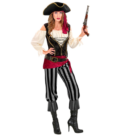 Piraat dame kostuum Emma met zwart rijgvest, crème blouse en gestreepte broek voor carnaval