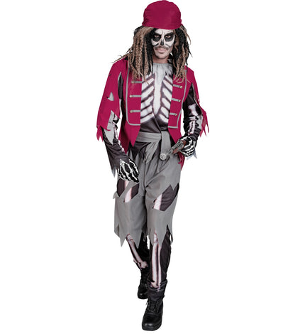 Piraat skelet kostuum Jack met bordeauxrood gerafeld vest en botopdruk, herenkostuum voor Halloween