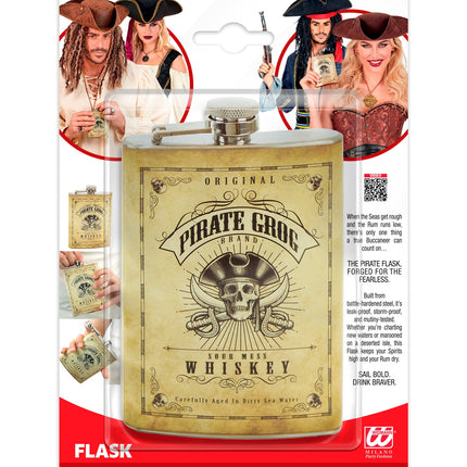 Piraten heupfles in verpakking met kartonnen ophangkaart en detailfoto's van de flacon