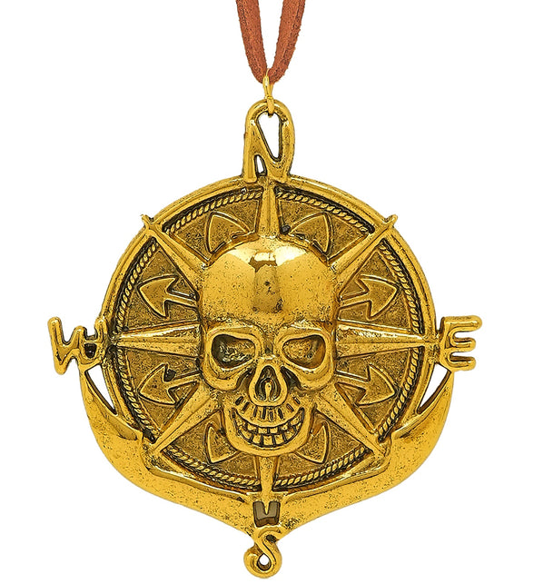 Piraten ketting met medaillon in goudkleurig ijzer, schedel op kompasroos met ankers, vooraanzicht