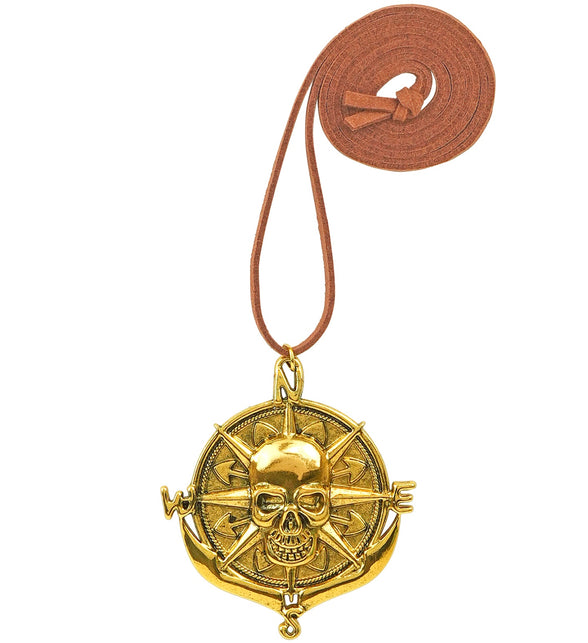 Piraten medaillon goud aan lang bruin koord met knoop, volledige ketting uitgelegd
