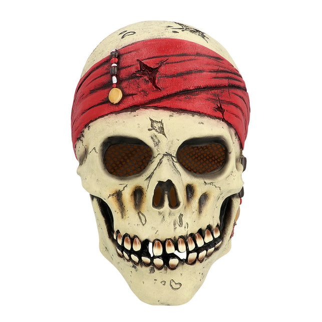 Piratenmasker Crinson van voren: schedel met rode bandana, open oogkassen en grijnzende tandenrij