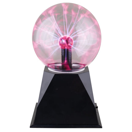 Plasmalamp 20 cm, glazen bol met roze plasma op zwarte piramidevormige voet