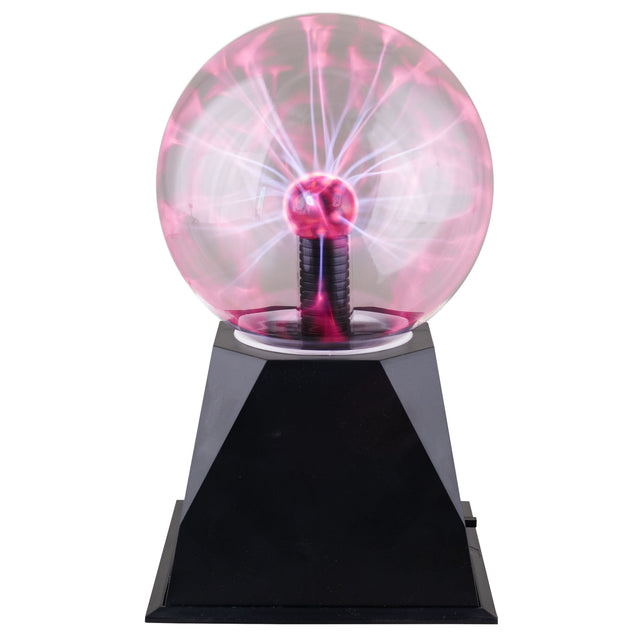 Plasmalamp 20 cm, glazen bol met roze plasma op zwarte piramidevormige voet