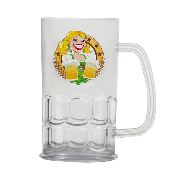 Plastic bierpul Bierfeest transparant met handvat en opdruk van een bierdame met twee pullen