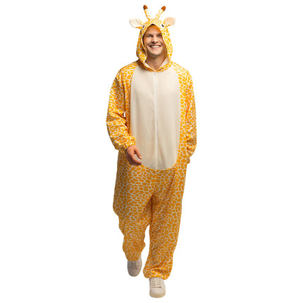 Pluche giraffepak voor heren met witte rits en capuchon met oortjes, voor carnaval