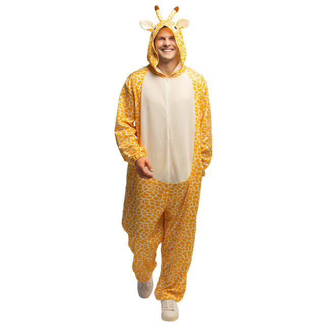 Pluche giraffepak voor heren met witte rits en capuchon met oortjes, voor carnaval