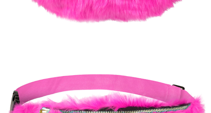 Pluche heuptasje roze in fuchsia met goudkleurige rits en verstelbare band, voor- en zijaanzicht