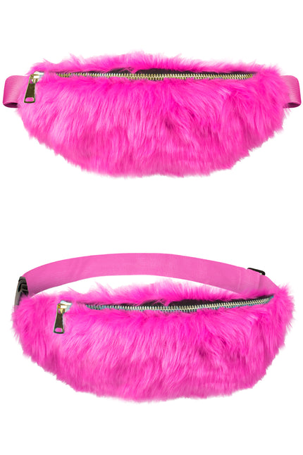 Pluche heuptasje roze in fuchsia met goudkleurige rits en verstelbare band, voor- en zijaanzicht