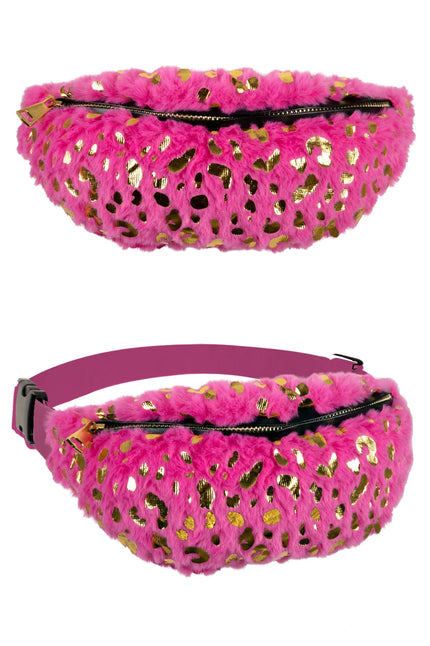 Pluche heuptasje roze met gouden luipaardprint, rits over de bovenkant en verstelbare band