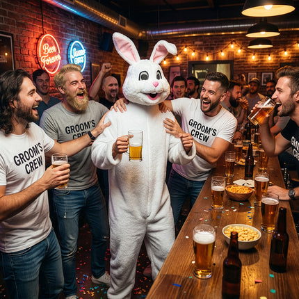 Pluche konijnpak Bouncing bunny gedragen door de bruidegom op een vrijgezellenfeest in een café