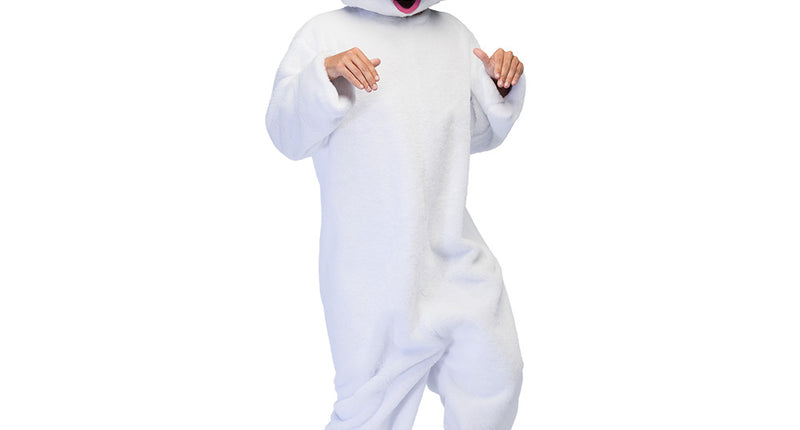 Pluche konijnpak Bouncing bunny in wit met groot konijnenmasker en roze neus, vooraanzicht