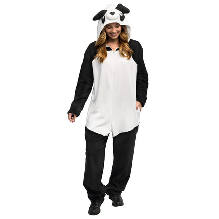 Pluche pandapak voor dames met witte buik, zwarte mouwen en een rits aan de voorkant