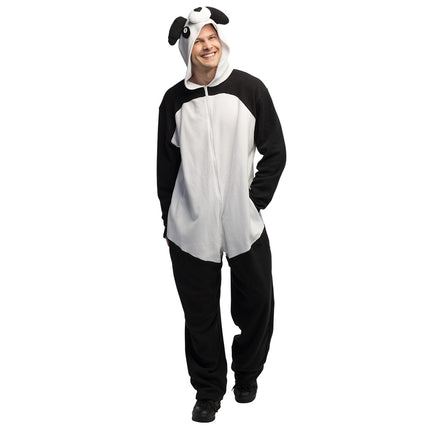 Pluche pandapak voor heren met kap met zwarte oortjes en een hand in de zijzak