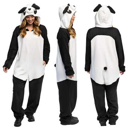 Pluche pandapak van voren, opzij en van achteren, met een rond zwart staartje op de rug