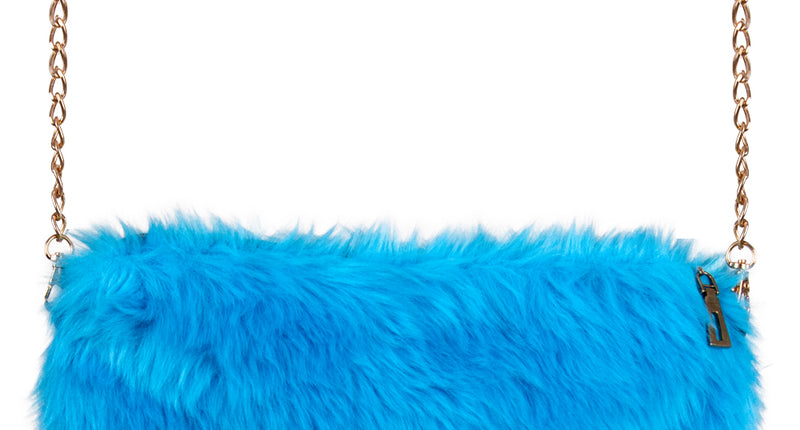Pluche tasje blauw, rechthoekig schoudertasje met rits en gouden schakelketting voor een themafeest