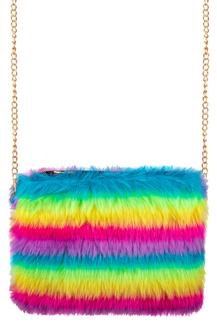 Pluche tasje met brede regenboogstrepen in blauw, groen, geel en roze en rits bovenzijde