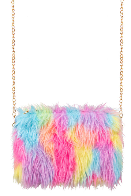 Pluche tasje in pastel regenboogtinten met lichtblauw, roze en lila langharig pluche
