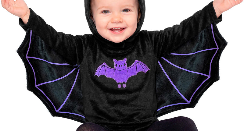 Pluche vleermuis kostuum kind, zwarte jumpsuit met paarse oren en vleugelmouwen, voor Halloween