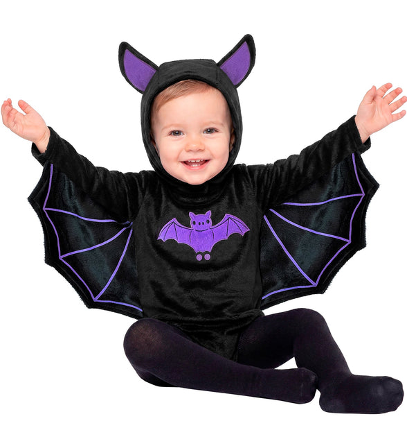 Pluche vleermuis kostuum kind, zwarte jumpsuit met paarse oren en vleugelmouwen, voor Halloween