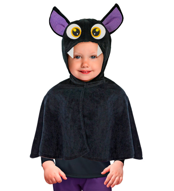 Pluche vleermuis poncho met muts voor kinderen, zwart met paarse oren en gele ogen, voor Halloween