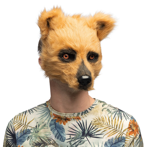 Pluchen halfmasker beer in bruin nepbont, gedragen door man op verkleedfeest