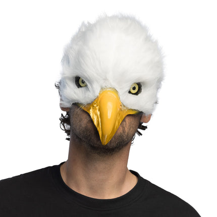 Pluchen halfmasker witte adelaar van voren gedragen, wit pluche met gele snavel die de neus bedekt