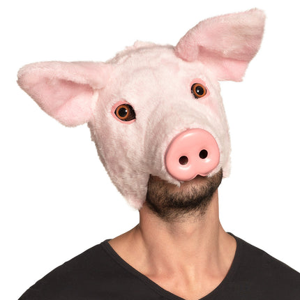 Pluchen varken masker roze met flaporen en snuit, gedragen door man als halfmasker op themafeest