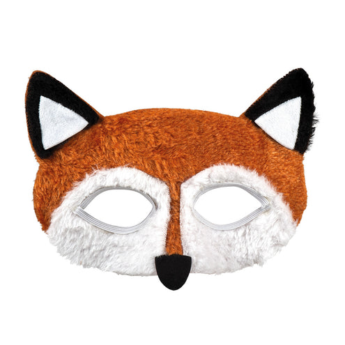 Pluchen vossenmasker van dichtbij met rechtopstaande oortjes en amandelvormige oogopeningen