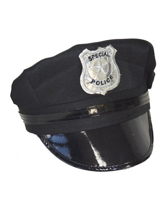 Politiepet zwart met glanzende klep en zilvergrijs politie-embleem op het front, voor een themafeest