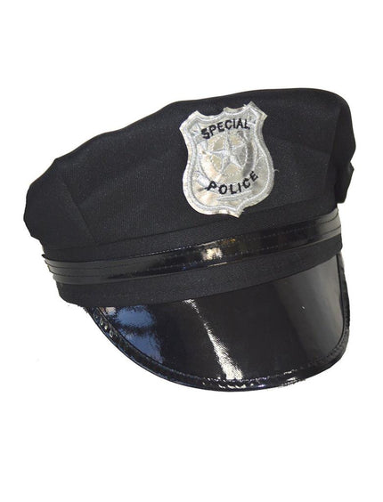 Politiepet zwart met glanzende klep en zilvergrijs politie-embleem op het front, voor een themafeest