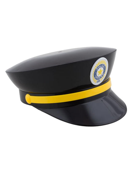 Politiepet zwart van pvc met gele band, gele knop en ronde Police Officer-badge met ster