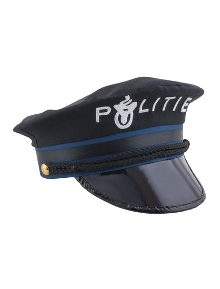 Politiepet zwart met witte POLITIE-opdruk, blauwe band en glanzende klep voor een politie-outfit