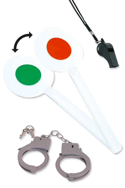 Politiesetje 3 delig met wit stopbordje, groene en oranje stip, grijze plastic handboeien en zwart fluitje aan koord