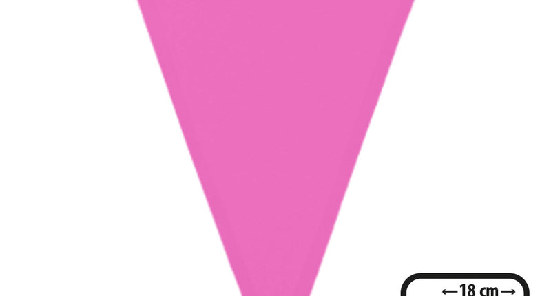 Polyester vlaggenlijn roze, één driehoekig vlaggetje van 26 x 18 cm aan een wit koord