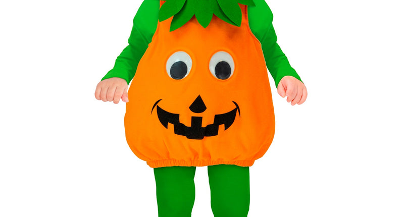 Pompoen kostuum Roos oranje tuniek met groene bladkraag en wiebelogen, gedragen door een kind op Halloween