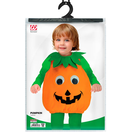 Pompoen kostuum Roos in de verpakking van Widmann, oranje kinderjumpsuit met groene vilten blaadjes