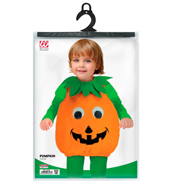 Pompoen kostuum Roos in de verpakking van Widmann, oranje kinderjumpsuit met groene vilten blaadjes