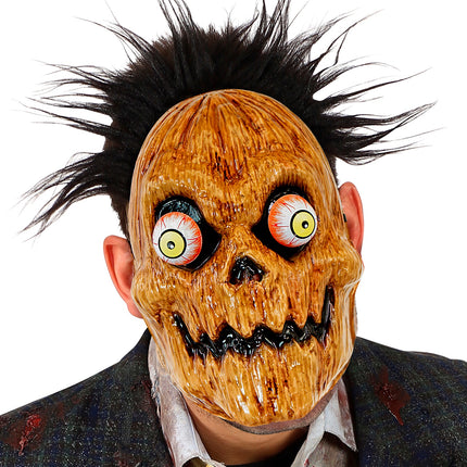 Pompoenmasker met wiebelende ogen gedragen door heer, eigen haar blijft zichtbaar