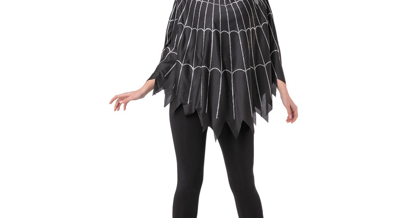 Poncho spinnenweb Ollie in zwart met zilvergrijze webprint en punten aan de zoom, voor Halloween