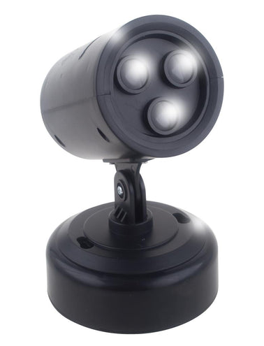 Projector bliksem en donder in zwart met drie lenzen op een ronde standvoet